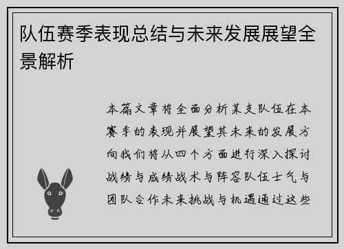 队伍赛季表现总结与未来发展展望全景解析