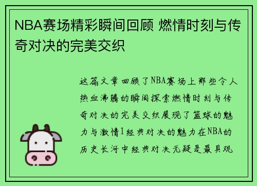 NBA赛场精彩瞬间回顾 燃情时刻与传奇对决的完美交织